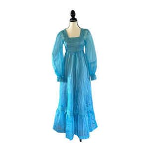 Vintage 1970’s Blue Pantel Maxi Dress Long Sleeve Lace Trim Fairycore Trad-wife